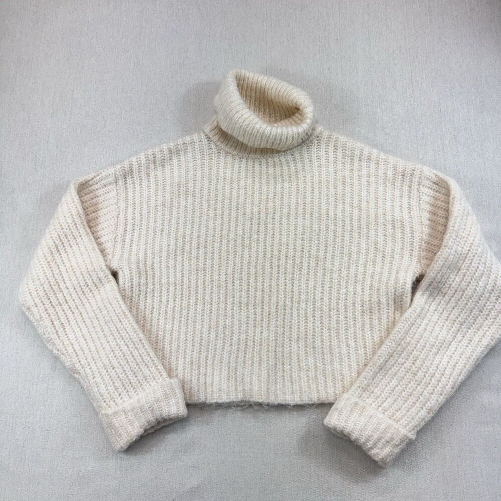 Zara Girls Cream Ribbed Knit Turtleneck Sweater Beige Cropped Size 13-14